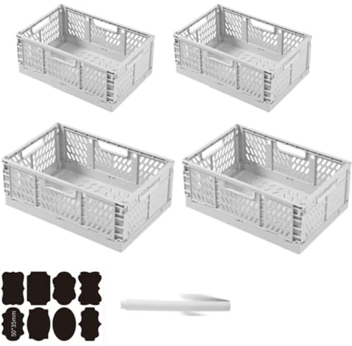 CNKHDZ 4 delar Fällbar låda, hopfällbara lådor förvaringslådor i plast, förvaringskorgar med handtag, stapelbara förvaringslådor för hyllor, skrivbord (Vit, 2pack30×20×12+2pack 20×14×9cm)