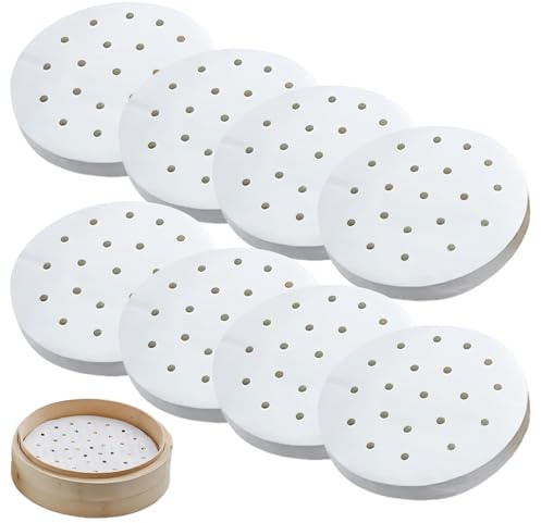 FortuneGlobe 100 st perforerat bambu papper 18 cm för ångning och ångkokning, 18 cm bakpapper anti-klibbigt som dim sum papper, Luftfrityr (100 st 18 cm)