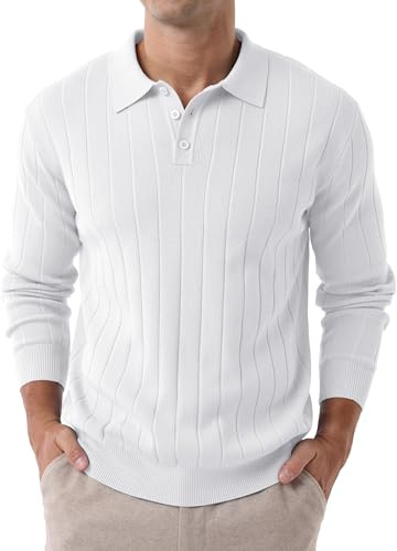 Hisir Maglione da uomo con colletto polo, maglione a maglia, polo a maglia a maniche lunghe, business, maglia fine, maglione leggero, maglione da lavoro, maglione invernale, bianco, M