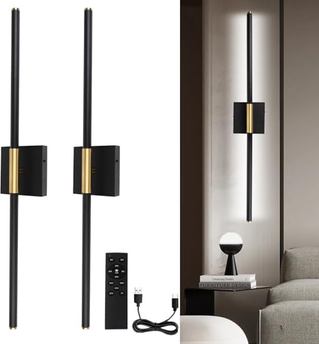 Afaiup Battery Operated LED Wall Lights, USB Rechargeable Dimmable wall lights with Remote Control, Black Gold LED Rechargeable Sconces,70CM Wireless Wall light for Bedroom Living Room Hallway, 2 Pack