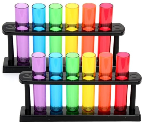 LND, 12 Test Tube Shots Plastic Glasses, Novelty Shot Glasses Set: Plastic Test Tubes with Stand - Perfect Chemistry Gifts for Him or Her, Home Bar Gifts, Seedling Flower Stem Vases 6 Assorted Colours