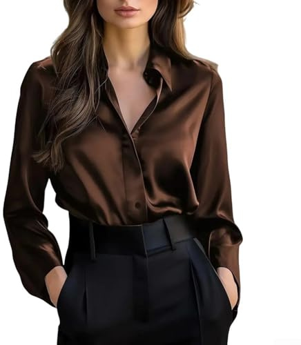 Elegante blusa de satén para mujer con ajuste delgado y cierre de botones, manga larga, adecuada para uso en la oficina (XL marrón)
