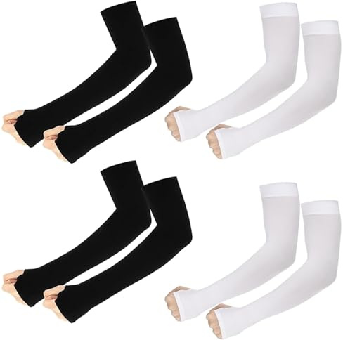 GYTFOG 4 Pairs Arm Sleeves with Thumb Hole, Compression Long Summer Sun Arms Cover Sleeves Tattoo Cover Unisex UV Protection Elbow Sleeves for Sports, Cycling, Golf, Running(White, Black)