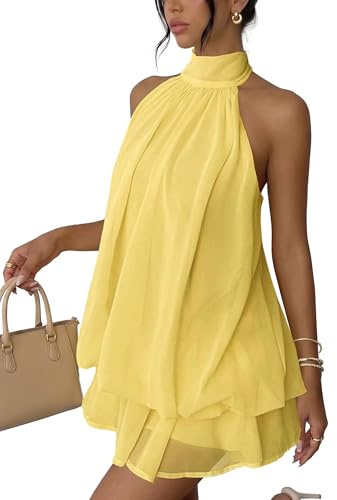 Xiaoliny Robe Femme Chic et Elegant Été Robes Courte Ample Col Halter sans Manches Sexy Mini Robe Dos Nu à Nouer Casual Robes en Mousseline Volants Fluide Dresses pour Soirée Clubbing Plage Vacances