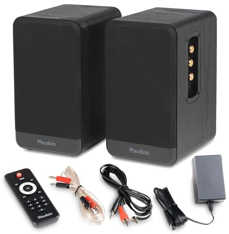 Audizio BS10 Altavoces HiFi estantería 80W Bluetooth HDMI ARC, Negro | HDMI ARC, entrada phono, Bluetooth 5.3, control de graves y agudos, acabado negro