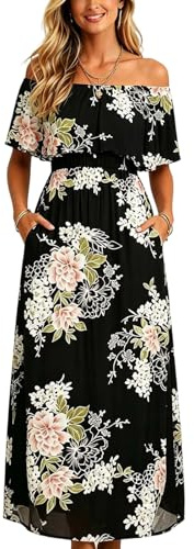 Zeiayuas Women's Off the Shoulder Maxi Dress Floral Print Ruffle A Line Flowy Beach Vacation Dresses Strapless Bandeau Summer Spring Casual Boho Long Sundress with Pockets