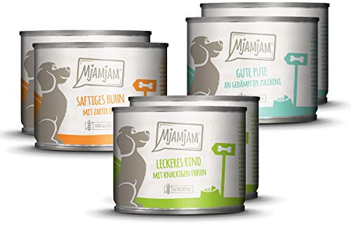 MjAMjAM - Premium Nassfutter für Hunde - Mixpaket I - Huhn & Ente, Rind, Pute, 6er Pack (6 x 200 g), naturbelassen mit extra viel Fleisch