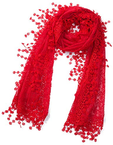 Cindy and Wendy Lightweight Soft Leaf Lace Fringes Scarf shawl for Women (Red-2)