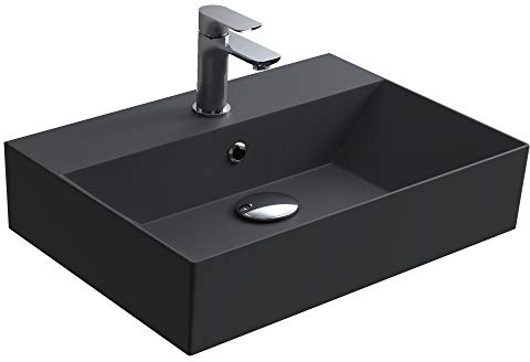 Aqua Bagno | Eckiges Design Waschbecken mit dünnem Rand, Trendfarbe schwarz matt, hochwertige Keramik | 50 x 42 cm