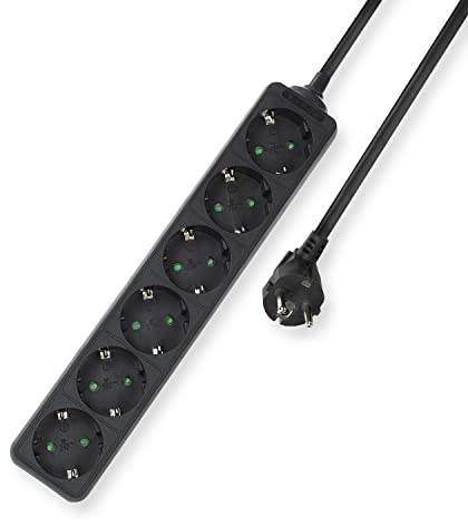 ACT Regleta de 6 enchufes, regleta de 3 m, regleta múltiple Negra con protección para niños, Enchufe de distribución con ángulo de 45 Grados – AC2460