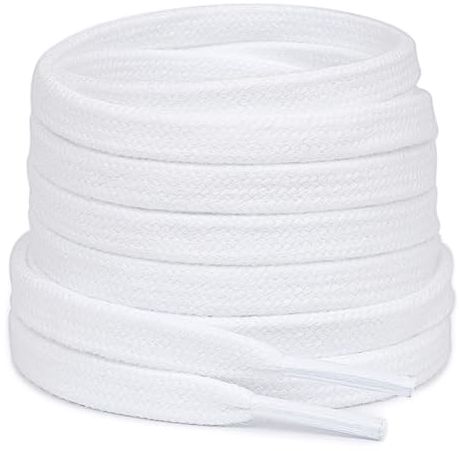 Stepace 2 par platta skosnören av 100% bomull,8 mm breda slitstarka skoband för sneakers,sportskor,löparskor vit 140