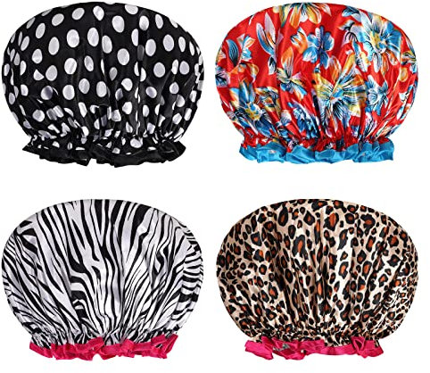AOOWU Gorro Ducha Mujer, 4pcs Gorro de Baño Elástico Resistente al Moho, Shower Cap Reutilizables, Gorro Pelo Impermeable para el Pelo para Hogar, Salón, Spa, Viajes, Hotel, Cocina, Balneario