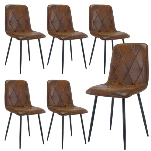 Set of 6 Dining Chairs for Dining Room, Faux Suede Kitchen Chairs, Brown | Vintage Dining Room Chairs, Ergonomic Backrest, Upholstered Seat, Metal Legs, for Living Room, Apartment, Restaurant, Office