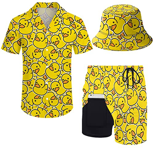 ZePinger Conjunto de camisa y pantalones cortos de pato amarillo para hombre, camisa con botones, pantalones cortos de 2 piezas con sombrero de pesca, Amarillo pato, Medium