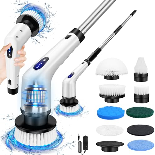 Electric Spin Scrubber, Cordless Cleaning Brush with 9 Replaceable Brush Heads，Dual Speed Power Scrubber with Adjustable Extension Handle for Bathroom, Floor, Kitchen, Car, Tile, Wall, Tub
