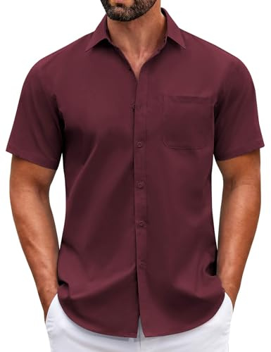 COOFANDY Men's Short Sleeve Dress Shirts Wrinkle Free Regular Fit Dress Shirt Textured Casual Button Down Shirts Wine Red