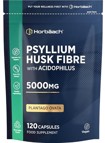 Psyllium Husk Capsules 5000mg with Acidophilus | Natural Soluble Fibre Supplement with Biotic | Plantago Ovata Seed Husk Extract | 120 Vegan Capsules | by Horbaach