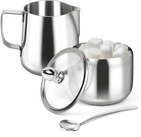 Sugar and Creamer Set,Sugar Container and Milk Frothing Pitcher for Coffee Bar Stainless Steel Sugar Bowl with Lid and Spoon for Espresso Machine Accessories (Silver)