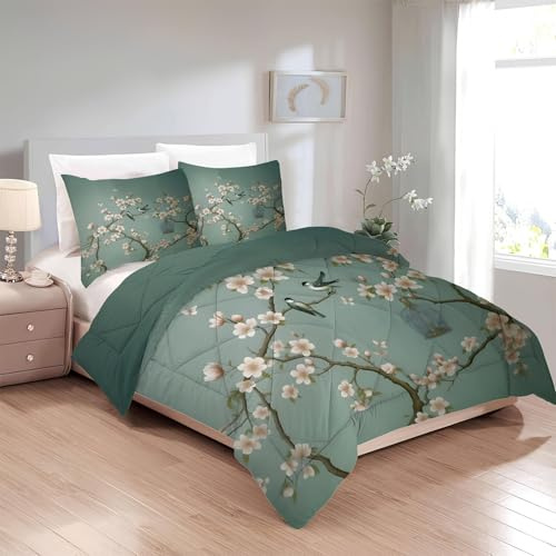 Boceoey Edredon Cama 180 Rama de Flores, Relleno Nordico 260x240 4 Estaciones, Edredón Reversible Antiguo, Edredones Nordicos Estampados Pájaro con 2 Fundas de Almohadas 50x75 cm, Lavable G-563