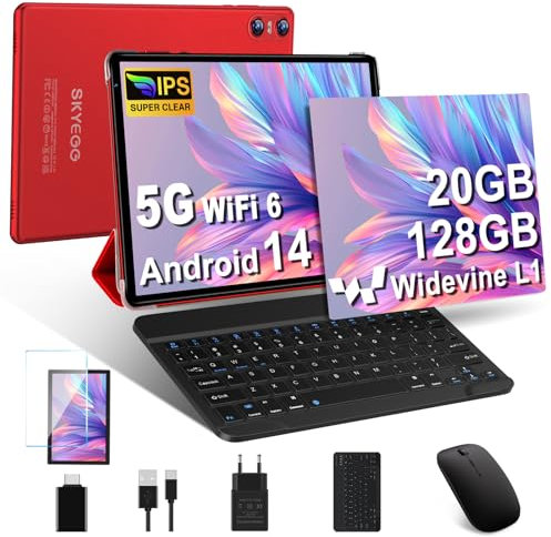 SKYEGG Tablet 10 Pollici Android 14, 20 GB RAM + 128 GB ROM(Espandibile Fino a 1 TB), Octa-Core, 5G Wi-Fi 6, 8MP + 5MP, 6000mAh, Widevine L1, USB-C Tablet con Tastiera + Mouse + Custodia, Rosso