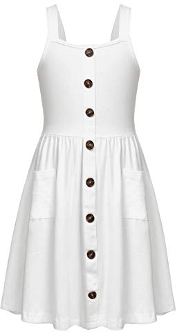 Arshiner Robe d'été sans Manches pour Filles A-Ligne avec Bouton en Coton échangiste - Robe Festive décontractée élégante à Bretelles pour Enfants 5-14 Ans
