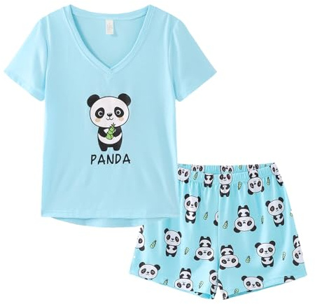 MyFav Womens Pyjamas Set Shorts Cute Short Sleeve Sleepwear Soft Lounge Sets 2 Piece Pjs Nightwear,Panda Blue,S