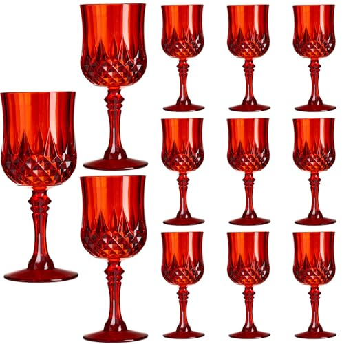 XKXKKE 12 Pcs Red Plastic Wine Glasses, Plastic Water Goblets for Parties, Stemmed Drinking Glasses for Wedding Reception, Grand Event Party Bar Supplies Reusable Drinking Cups