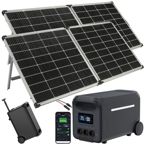 revolt Notstrom Powerstation: Mobile Trolley-Powerstation, 2,56 kWh, 50 Ah und 2X 240-W-Solarpanel (für Stromausfall, Notstrom Akku 220v, Notfall)