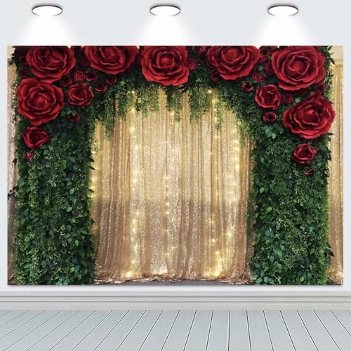 Hnmdmyi 3x2.4m Telón de Fondo para Bodas Rojo Rosa Verde Hojas de Oro Glitter Fotografía de Fondo Ducha de Novia Boda Aniversario de Fiesta Decoraciones Banner Photo Booth Props