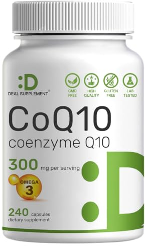 DEAL SUPPLEMENT CoQ10 300mg with Omega 3 100mg, 240 Capsules | Bioavailable Coenzyme Q10 Formula | Supports Heart, Energy & Brain Health | Antioxidant Support | Non-GMO