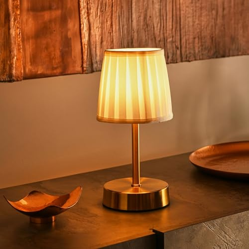 Auraglow Omniance Avalon Rechargeable Table Lamp, Light Source and Remote | Cordless dimmable colour changing, brass base with fabric shade, USB C charge, for restaurant, bar, hotel and home