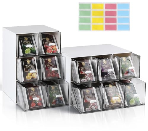 efuturetime 4 Pezzi Scatola da Tè con Cassetti 22,6x16,5x7,7cm Porta Tisane Bustine di Plastica Impilabile, Contenitore per Bustine di Tè per Capsule di Caffè, Infusi, Bianco