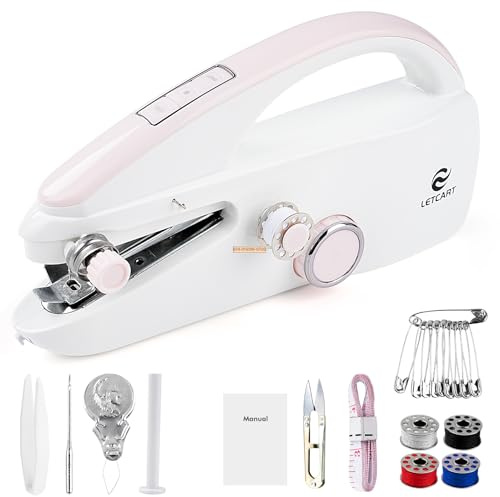 Mini máquina de coser de mano, máquina de coser eléctrica portátil en color rosa con kit de costura para principiantes y viajes, rosa (22 x 6 x 11 cm)