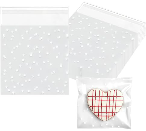 100pcs Cellophane Bags 10 x 10cm, White Dot Self Adhesive Small Plastic Packaging Self-Seal Translucent Cookie Bags Clear Cellophane Bags Dot Opp Sweet Bag for Cookie Chocolates Biscuit Sweets Candy