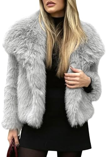 Yimoon Cappotto da donna in pelliccia sintetica con risvolto aperto sul davanti, soffice giacca a pelo lungo invernale caldo cappotto peloso, Grigio chiaro., M