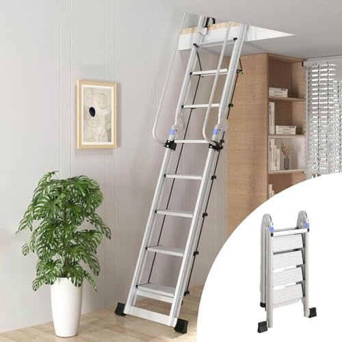 Misorat Dachbodentreppe Metall-Dachbodenleiter für Zweistöckiges Haus, Dachbodentreppe, Klappbare Trittleiter, Feuerleiter für Wohnungen, Robuste Dachbodentreppen-Sicherheit 8-10 Step,10 Step