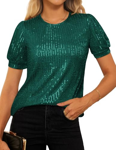 GRACE KARIN Sequin Blouses for Women Elegant Round Neck GlitterTops Dark Green XL