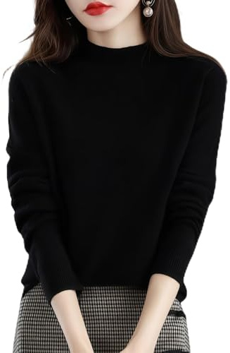 Nya kashmirtröjor för kvinnor, halv polokrage långärmad jumper stickad pullover, Svart, L