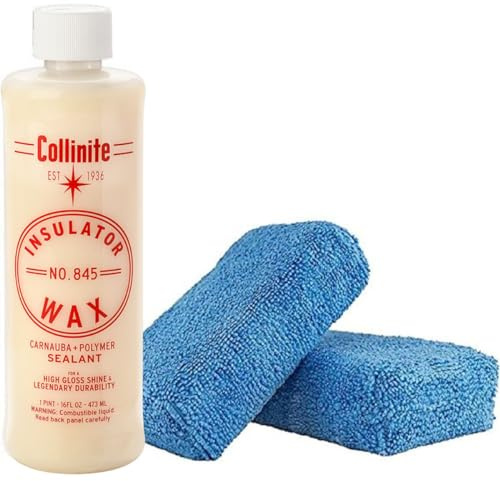 Collinite 845 Insulator Wax - Carnauba+Polymer Sealant, High Gloss, Durable Beading & Long-Lasting Paint Protection for Cars, Boats, Trucks, RVs, Motorcycles (16 fl oz) with 2 Microfiber Blocks Combo
