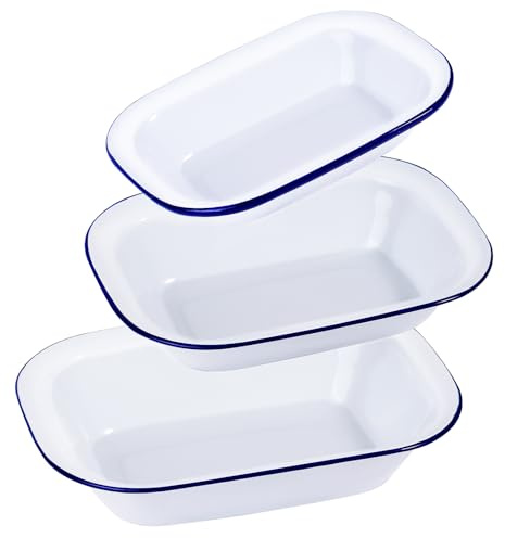 Webake Enamelware Roasting Pan 3 Pack Enameled Steel Oblong Pie Pan Pie Dish Roaster Pan Food Containers, Solid White with Blue Rim