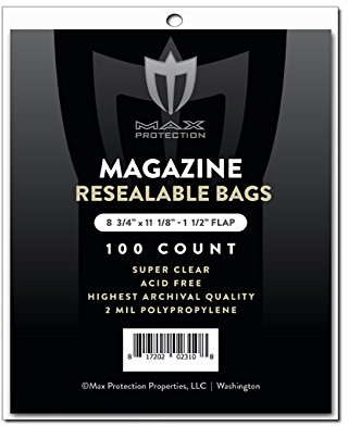 Max Protection Magazine Bags - Resealable, Acid-Free, Clear Polypropylene Sleeve for Safe Storage, 8 3/4 x 11 1/8 inches - Pack of 100