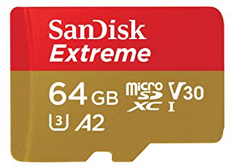 SanDisk Extreme 64 GB microSDXC Memory Card + SD Adapter with A2 App Performance + Rescue Pro Deluxe, Up to 160 MB/s, Class 10, UHS-I, U3, V30, Red/Gold