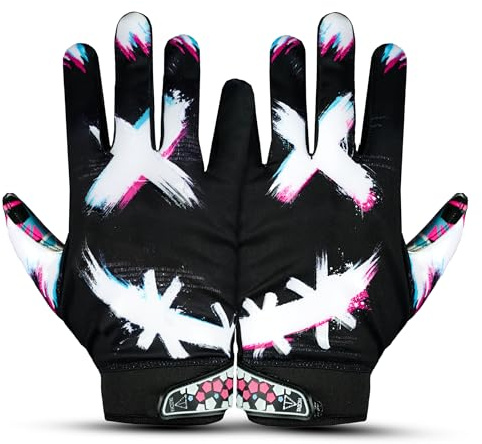 TAQCHA Jester Cross Eyes Football Gloves - Elite Trendy Wide Receiver Gloves – Extra Sticky Grip for Game Day, Training, High School and College - Adult and Youth Sizes (Black, Adult - Large)