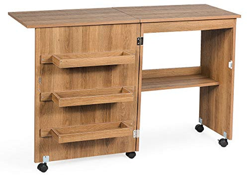 DREAMADE Table de Couture Pliante, Meuble Machine à Coudre en Bois avec 3 Étagères,Bureau Couture avec roulettes, 117X40X78CM (Brun Clair)