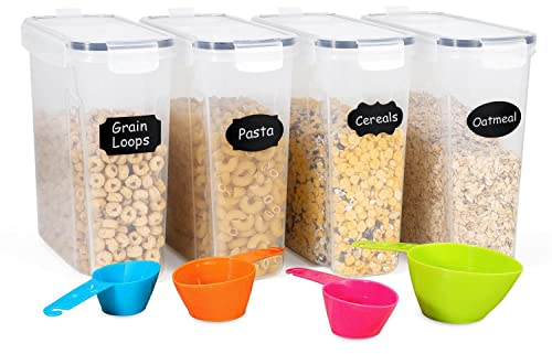 Vinsani 4 Pack Cereal Container Set Plastic Food Kitchen Storage Food Grade and BPA Free Container Practical Airtight Lids Leak-Proof Cereal Dispenser Ideal for Cereal Pasta Sugar Flour Rice