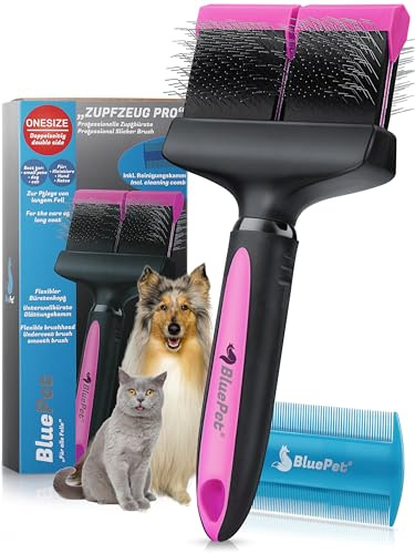 BluePet ZupfZeug Pro - Brosse professionnelle à poils longs et flexibles pour chiens et chats - Élimine doucement le sous-poil - Les nœuds et les nœuds (double tête rose)