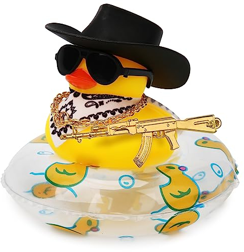 LUTER Duck for Cars, Rubber Duck for Car Dashboard, Squeaky Duck Bath Toy Yellow Duck Car Ornament Fun Cowboy Duck Car Accessories Car Dashboard decor with Swim Ring Hat Glasses(Style 3) (E09297-300)