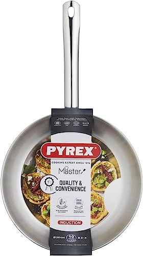 Pyrex Frying Pan Master Stainless Steel for Induction, Electric, Gas and Ceramic Glass Hobs, ‎Cookware, Kitchen (26cm Pyrex Master Frying Pan), MX24BFX/HDL, Silver