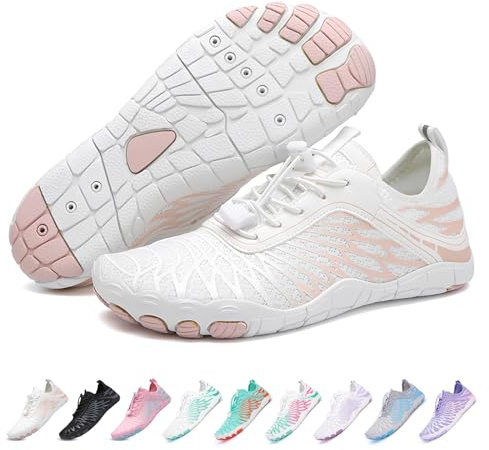 RUYI Unisex barfotaskor, dam, herr, vattenskor, snabbtorkande badskor, mjuka lätta traillöparskor, träningsskor med halkfri sula och bred tålåda, A09 vit, 43 EU