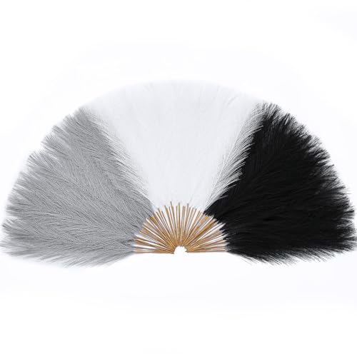 Serwalin 60 Pezzi Erba della pampa artificiale Decorativa,45 cm,Boho Decor,Fiori Secchi, Piume Erba Della Pampas Naturali per Matrimoni, Boho Decor, Home Decor (Nero&Grigio&Bianco)